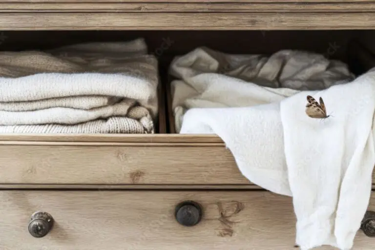 A drawer of clothes with a clothes moth.