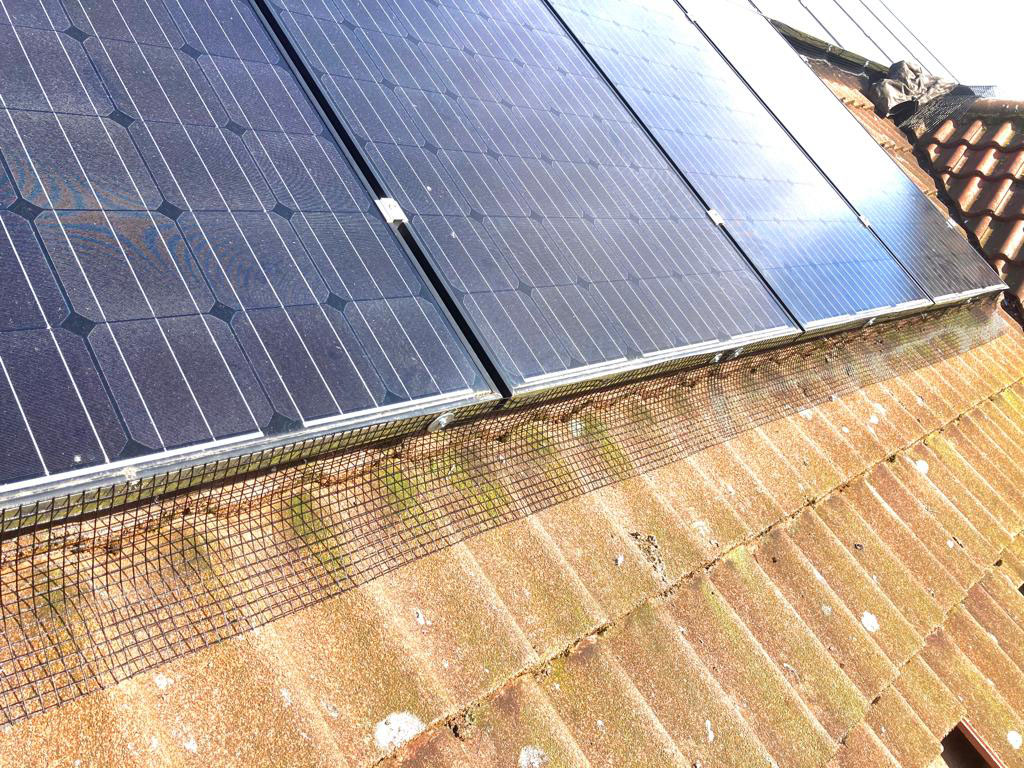 Solar panel bird proofing with black pvc coated galvanised steel.