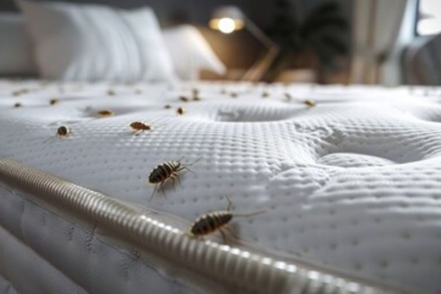 Bed bugs on a bed.