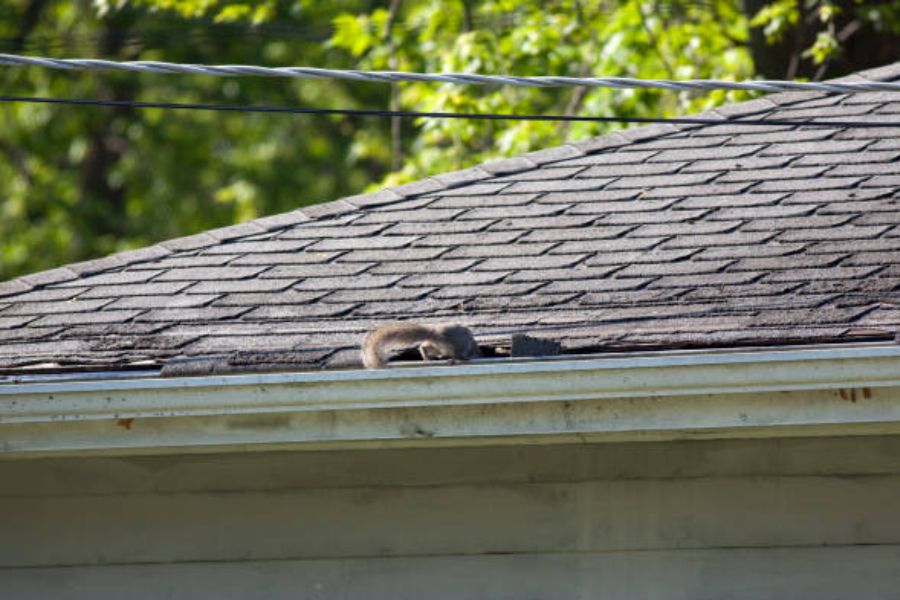 A squirrel on a roof.