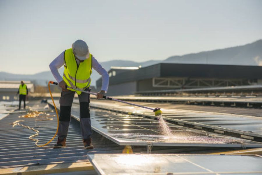 A professional engineer cleaning solar panels.